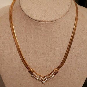 Vintage 1980s V-Shaped Snake Chain Necklace With Rhinestones